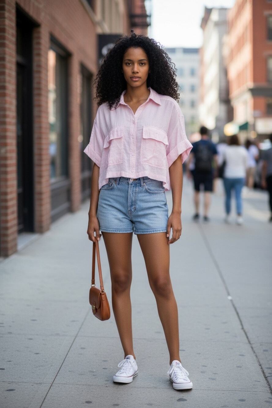 Zara Light Pink Collared Cropped Boxy Utility Button Up Shirt - Small